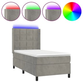 vidaXL Κρεβάτι Boxspring με Στρώμα & LED Αν.Γκρι 100x200 εκ. Βελούδινο