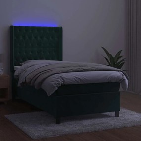 vidaXL Κρεβάτι Boxspring με Στρώμα &amp; LED Σκ. Πράσινο 90x200 εκ Βελούδο