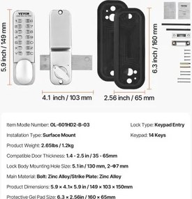 VEVOR Mechanical Keyless Entry Door Lock 14 Key Mechanical Door Lock Single-Side