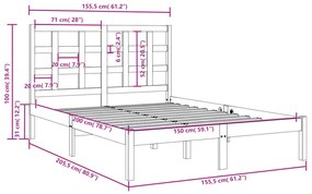 vidaXL Πλαίσιο Κρεβατιού Μαύρο 150 x 200 εκ. Μασίφ Ξύλο King Size