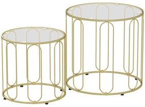 HOMCOM Σετ 2 τραπεζιών σαλονιού, στοιβαζόμενα, γυάλινες επιφάνειες, μεταλλικό σκελετό, Χρυσό