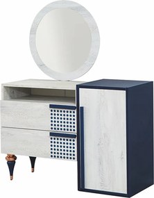 Stewehome Μοντέρνο Λευκό–Μπλε Σετ Σιφονιέρας με Στρογγυλό Καθρέφτη 105x42x134 cm