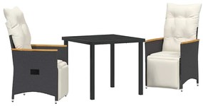 vidaXL Σέτ φαγητού για κήπο με μαξιλάρι 3 pcs Μαύρο Πολυ ράταν