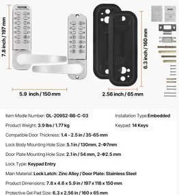 VEVOR Mechanical Keyless Entry Door Lock 14 Key Mechanical Keypad Lock Sliver