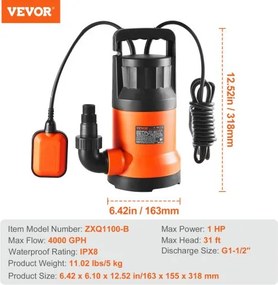 VEVOR Submersible Utility Pump Sump Pump 700W 4148 GPH 33 ft Head Water Pump