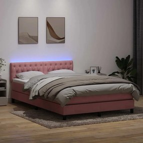 vidaXL Κρεβάτι Boxspring με Στρώμα &amp; LED Ροζ 160x210 εκ. Βελούδινο