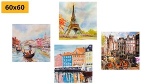 Σετ εικόνων ζωγραφισμένες πόλεις σε παστέλ χρώματα - 4x 40x40