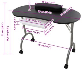 vidaXL Αναδιπλούμενο Τραπέζι Μανικιούρ με Ροδάκια Μαύρο