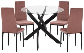 Σετ τραπεζαρίας LADY C21199.02 5τμχ Γυαλί -Μέταλλο σε Μαύρο &amp; Καρέκλες Βελούδο Σάπιο μήλο 90x90x74 εκ.