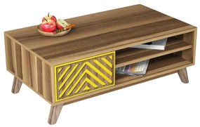 COFFEE TABLE  MELAMINE WITH CABINET WALNUT &amp; YELLOW 105x60x38.2Hcm.