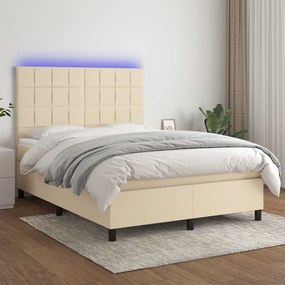 Κρεβάτι Boxspring με Στρώμα &amp; LED Κρεμ 140x200 εκ. Υφασμάτινο