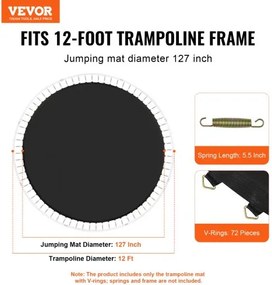 VEVOR Replacement Trampoline Mat Fits 12ft Frame 72 V-Rings 5.5" Spring Length