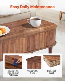 VEVOR 1000 mm Lift Top Coffee Table Fluted Oval Table Hidden Compartment Walnut