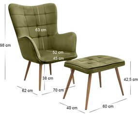 Πολυθρόνα - Μπερζέρα με υποπόδιο Lily Megapap λαδί βελούδο - μεταλλικό πόδι χρώμα φυσικό 70x62x98εκ.