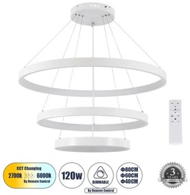 Κρεμαστό Φωτιστικό Οροφής LED 120W 14723lm NEMESIS TRIO Κάθετοι Κύκλοι Globostar-61171-Λευκό 61171
