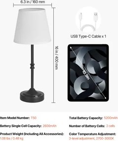 VEVOR Cordless Table Lamp Rechargeable Battery Desk Lamp Fabric Shade Black