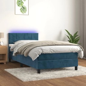 Κρεβάτι Boxspring με Στρώμα &amp; LED Σκ. Μπλε 90x200 εκ. Βελούδινο