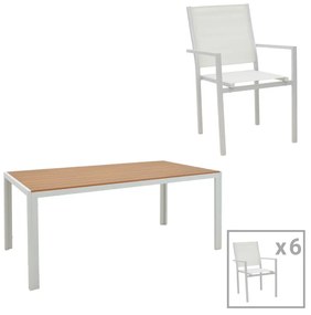 Τραπεζαρία Zacreta-Nares σετ 7τεμ pakoworld λευκό αλουμίνιο και plywood σε φυσικό χρώμα 180x90x72.5εκ