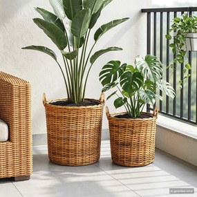 vidaXL Καλάθι Φυτών με αποθήκευση 2 τεμ. Φυσικό Καφέ Ρατάν Κούμπου