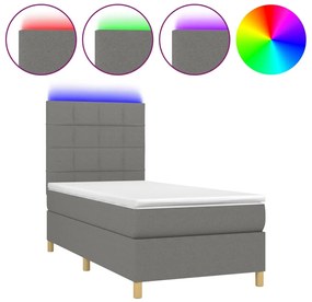 vidaXL Κρεβάτι Boxspring με Στρώμα &amp; LED Σκ.Γκρι 90x200 εκ. Υφασμάτινο