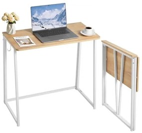 VEVOR Folding Desk, 80 cm Small Foldable Table for Compact Spaces, Space Saving Computer Table, Sturdy Particleboard with Storage Hooks, Writing Workstation for Home Office, Easy Assembly, Oak