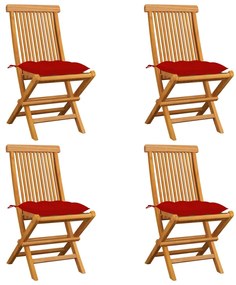 vidaXL Καρέκλες Κήπου 4 τεμ. από Μασίφ Ξύλο Teak με Κόκκινα Μαξιλάρια
