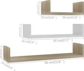 vidaXL Ράφια Τοίχου 3 τεμ. Λευκό/Sonoma Δρυς από Επεξεργασμένο Ξύλο