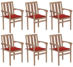 3073412 vidaXL Καρέκλες Κήπου Στοιβαζόμενες 6 τεμ. Μασίφ Ξύλο Teak &amp; Μαξιλάρια Κόκκινο, 1 Τεμάχιο