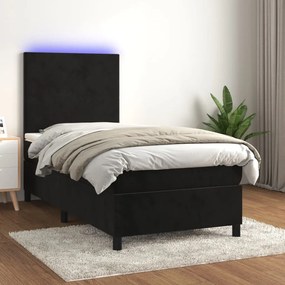 vidaXL Κρεβάτι Boxspring με Στρώμα & LED Μαύρο 90x200 εκ. Βελούδινο