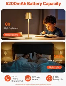 VEVOR Cordless Table Lamp 2-Pack 5200mAh Rechargeable Battery Desk Lamp Gold