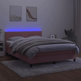 vidaXL Κρεβάτι Boxspring με Στρώμα &amp; LED Ροζ 140x200 εκ. Βελούδινο