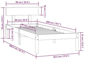 Πλαίσιο Κρεβατιού Μαύρο 90 x 200 εκ. από Μασίφ Ξύλο Πεύκου - Μαύρο