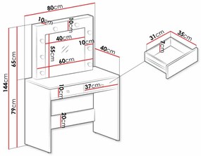 Τουαλέτα Bedford 102, Κασμίρι, Καθρέφτης, 144x80x40cm, 26 kg | Epipla1.gr