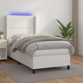 Κρεβάτι Boxspring με Στρώμα &amp; LED Λευκό 100x200 εκ. Συνθ. Δέρμα