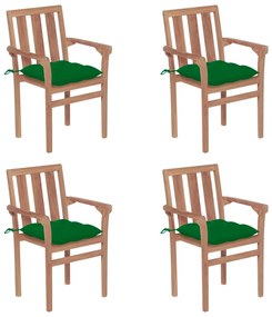 Καρέκλες Κήπου Στοιβαζόμενες 4 τεμ. Μασίφ Ξύλο Teak &amp; Μαξιλάρια - Πράσινο