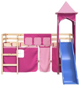 Υπερυψωμένο Κρεβάτι με Πύργο Ροζ 80x200 εκ. Μασίφ Ξύλο Πεύκου - Ροζ
