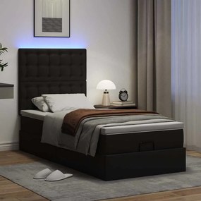 vidaXL Οθωμανικό κρεβάτι με στρώμα &amp; LEDs Μαύρο Συνθετικό δέρμα