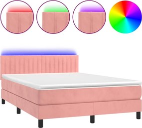 vidaXL Κρεβάτι Boxspring με Στρώμα &amp; LED Ροζ 140x190 εκ. Βελούδινο