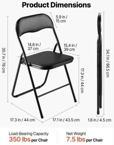 VEVOR 4 Pack Folding Chairs Portable Leather Chairs with Padded Cushion Black