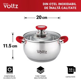 Κατσαρόλα Oliver Voltz OV51210N20, 20 cm, 3.5 l, Επαγωγή, Κόκκινες λαβές από σιλικόνη, Inox/Κόκκινος