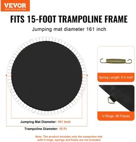 VEVOR Replacement Trampoline Mat Fits 15ft Frame 96 V-Rings 6.5" Spring Length