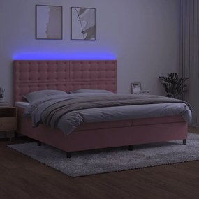 vidaXL Κρεβάτι Boxspring με Στρώμα &amp; LED Ροζ 200x200 εκ. Βελούδινο