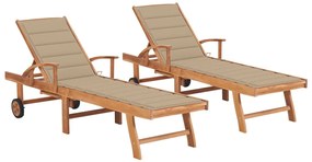 vidaXL Ξαπλώστρες 2 τεμ. από Μασίφ Ξύλο Teak με Μπεζ Μαξιλάρια