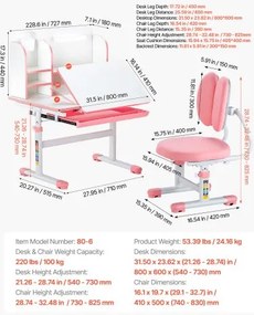 VEVOR Kids Study Chair and Desk with Bookshelf &amp; Drawer Height Adjustable Pink