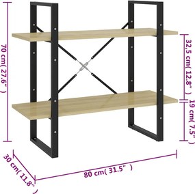 vidaXL Βιβλιοθήκη με 2 Ράφια Sonoma Δρυς 80 x 30 x 70 εκ. Επεξ. Ξύλο