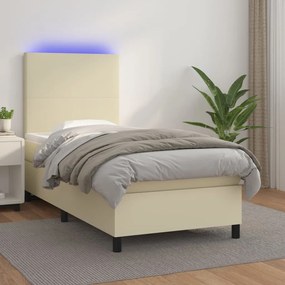 vidaXL Κρεβάτι Boxspring με Στρώμα & LED Κρεμ 90x200 εκ. Συνθ. Δέρμα