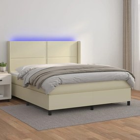 Κρεβάτι Boxspring με Στρώμα &amp; LED Κρεμ 160x200 εκ. Συνθ. Δέρμα - Κρεμ