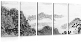 Εικόνα 5 μερών παραδοσιακή κινέζικη ζωγραφική τοπίων σε ασπρόμαυρο - 100x50