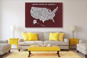 Εικόνα εκπαιδευτικό χάρτη των ΗΠΑ με μπορντό φόντο - 60x40
