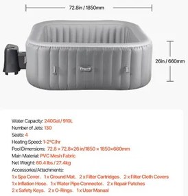 VEVOR Inflatable Hot Tub 4 to 6 Person 1850 x 660mm Square Portable Outdoor Spa